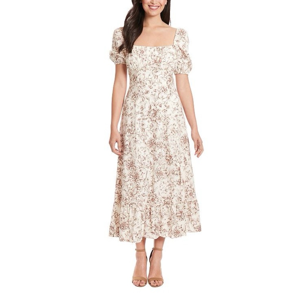 London Times Linen Blend Floral Midi Dress Square Neck Puff Sleeve Milkmaid 16